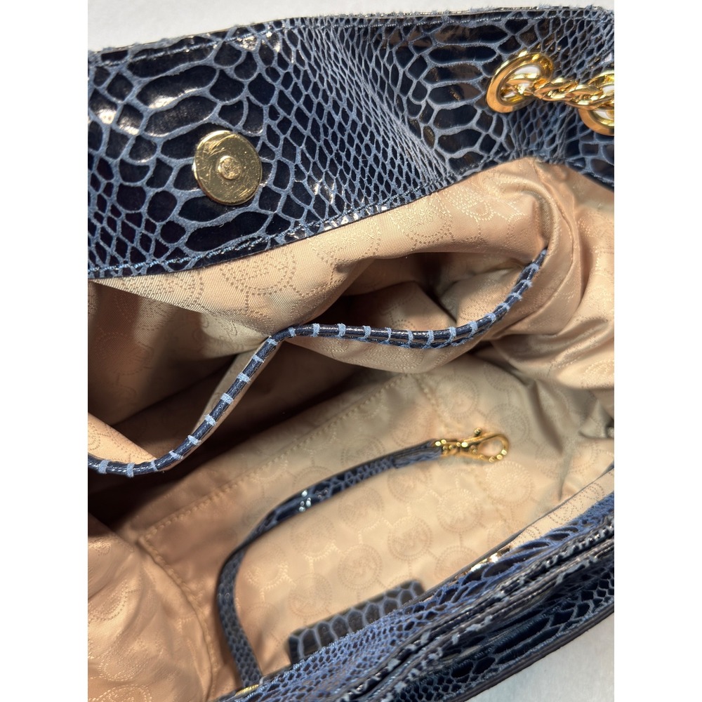 Michael Kors Shoulder Bag Women  Blue Snakeskin Leather Hobo Chain Gold Baddie - Picture 9 of 13